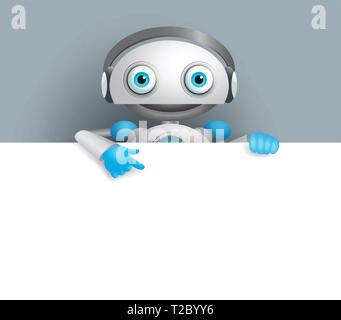 cute robot cyborg pointing at empty blank white board modern robotic ...