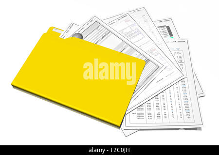 Office, document storage and organization with computers. Yellow folder with various documents. Stock Photo