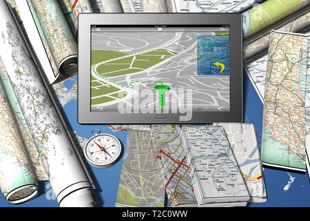 3D illustration. Tablet with navigation system application. Isolated on ...