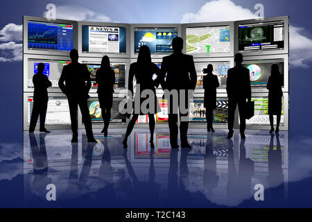 3D illustration. Group of people in front of series of tablets with various applications. Stock Photo