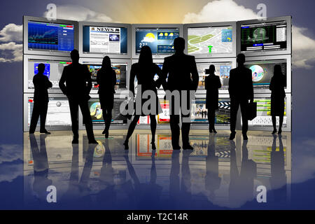 3D illustration. Group of people in front of series of tablets with various applications. Stock Photo
