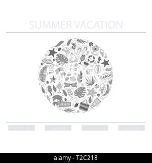 Vector Summer vacation conceptin circle with swimsuit,camera, ball,palm,cocktail, shell,lifebuoy,beach bag,hat,sunscreen, sunglasses,ice cream, starfi Stock Vector