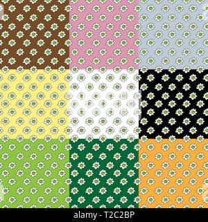 small cute flowers, set of colored stylish seamless vector backgrounds of flowers of chamomiles Stock Vector