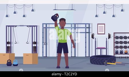 sports man doing exercises with kettlebell african american guy training in gym healthy lifestyle concept modern health club studio interior Stock Vector