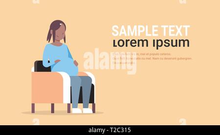 happy pregnant african american woman sitting in armchair girl holding her bump pregnancy and motherhood concept flat full length horizontal copy Stock Vector