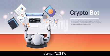 crypto currency trading bot block chain concept bitcoin mining robot sitting workplace using laptop at workplace desk top angle view office stuff flat Stock Vector