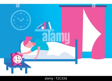 young woman sleeping in bed girl rise hand to turn off alarm clock in bedroom interior wake up concept female cartoon character flat horizontal Stock Vector