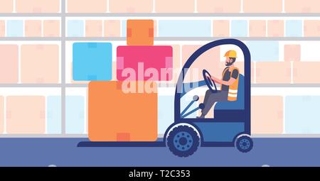 warehouse man worker in uniform driving forklift truck stacking cardboard boxes delivery and transportation logistic storage industry commercial Stock Vector