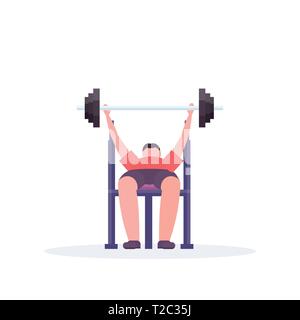 sporty man lying on bench lifting barbell with weights bodybuilder training in gym work out healthy lifestyle concept flat white background vector Stock Vector