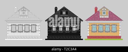 Russian traditional two-story wooden house. The windows and details are decorated with carvings. Vector . Black, black and white, colored silhouette. Stock Vector