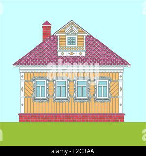Russian traditional two-story wooden house. The windows and details are decorated with carvings. Vector illustration. Colored silhouette. Stock Vector