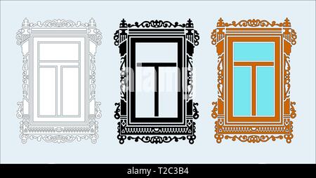 Detail of old Russian  wooden house. Carved window platband. Vector illustration. Black, black and white, colored silhouette. Stock Vector