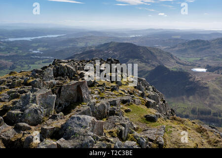 Blea Tarn, Lingmoor Fell, Windermere, seen from Harrison Stickle, Langdale Pikes, Lake District, Cumbria Stock Photo