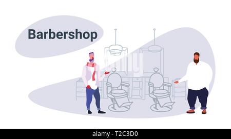 couple stylish thin and fat barbers standing near retro style haircut chair male hairdressers in hair salon modern barbershop interior sketch doodle Stock Vector