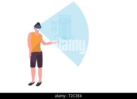 casual man engineer wearing digital glasses virtual reality building plan vr headset vision panning project concept house blueprint horizontal full Stock Vector