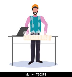 architect in helmet drawing blueprint building plan using laptop panning project concept happy engineer at workplace office workshop draftsman studio Stock Vector