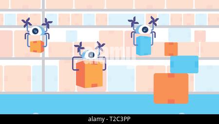 air drones carrying express packages automatic logistic management concept modern warehouse quadcopters flying with box in storehouse horizontal flat Stock Vector
