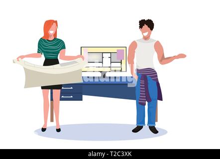 couple architects holding blueprint working on computer software to design floor plan construction project engineers team architecture concept full Stock Vector