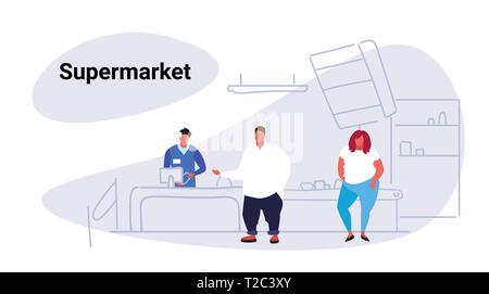 overweight man woman customers standing in line at cash desk with cashier shopping concept grocery shop supermarket interior sketch doodle horizontal Stock Vector