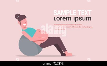 pregnant woman sitting on gymnastic ball girl exercises with fitball working out fitness pregnancy healthy lifestyle concept female character full Stock Vector