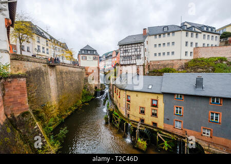 River Saar with waterfall and water mills in the historic town of Saarburg, Germany. Stock Photo