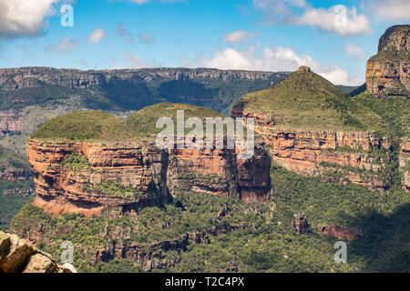 Blyde River Canyon and The Three Rondavels (Three Sisters) in Mpumalanga, South Africa. The Blyde River Canyon is the third largest canyon worldwide Stock Photo