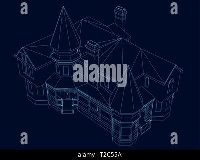 Wireframe of the building of the blue lines on a dark background. Contour of the estate. 3D. Vector illustration Stock Vector