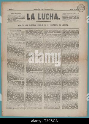 Portada del periódico La Lucha, órgano del Partido Liberal, editado en Girona, enero de 1876. Stock Photo