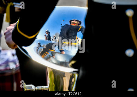 The band of Her Majesty's Royal Marines before performing at a 40 Commando Royal Marines parade, to celebrate their humanitarian efforts and reaction to Hurricane Irma in the Carribean, at Norton Manor Camp in Taunton, Somerset. Stock Photo