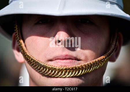 A drummer in the band of Her Majesty's Royal Marines before performing at a 40 Commando Royal Marines parade, to celebrate their humanitarian efforts and reaction to Hurricane Irma in the Carribean, at Norton Manor Camp in Taunton, Somerset. Stock Photo