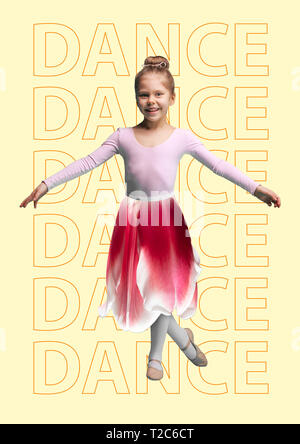 Live dance smells like spring. An alternative flower or tulip. A little young girl standing or dancing in pink ballet clothes against banana colored b Stock Photo