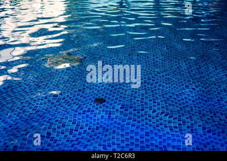 The beautiful floor design of indoor swimming pool. The underwater drain system of a pool in water park. Blue tiled decor of the ground in aquapark po Stock Photo