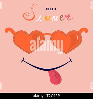 summer holiday cute background with smile and heart shaped sunglasses Vector illustration Post card Greeting card Stock Vector