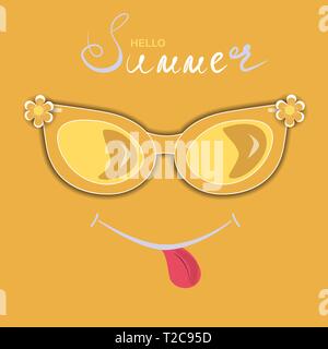 Vector summer holiday cute background with smile and sunglasses Illustration Post card Greeting card Stock Vector