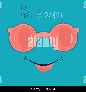 Vector summer holiday cute background with smile and sunglasses Illustration with the words Be happy Post card Greeting card Stock Vector