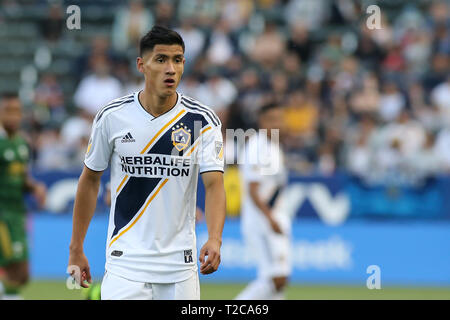 Carson, CA. 31st Mar, 2019. Los Angeles Galaxy midfielder Uriel Antuna (18) during the LA Galaxy vs Portland Timbers game at Dignity Health Sports Complex in Carson, Ca on March 31, 2019. Jevone Moore Credit: csm/Alamy Live News Stock Photo