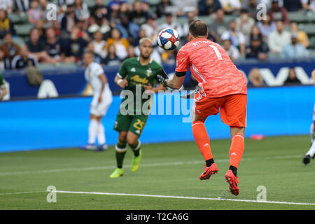 Carson, CA. 31st Mar, 2019. Los Angeles Galaxy goalkeeper David Bingham (1) during the LA Galaxy vs Portland Timbers game at Dignity Health Sports Complex in Carson, Ca on March 31, 2019. Jevone Moore Credit: csm/Alamy Live News Stock Photo
