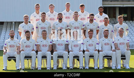 LONDON, ENGLAND. 01 APRIL 2019: Surrey Team photocall at the Surrey County Cricket Club media day, The Kia Oval, London, UK. Credit: European Sports Photographic Agency/Alamy Live News Stock Photo