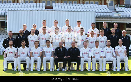 LONDON, ENGLAND. 01 APRIL 2019: Surrey team squad with coaching staff at the Surrey County Cricket Club media day, The Kia Oval, London, UK. Credit: European Sports Photographic Agency/Alamy Live News Stock Photo