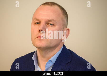 RIGA, Latvia. 01st Apr, 2019. New member of supervisory board Karlis Krastins . Latvia's pharmaceutical company's Olainfarm press briefing about new elected supervisory board. Credit: Gints Ivuskans/Alamy Live News Stock Photo