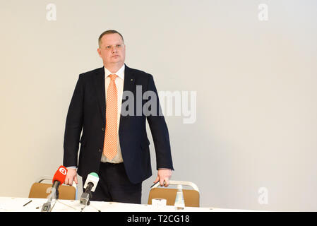 RIGA, Latvia. 01st Apr, 2019. Martins Kriekis, previous member of Supervisory Council . Latvia's pharmaceutical company's Olainfarm press briefing about new elected supervisory board. Credit: Gints Ivuskans/Alamy Live News Stock Photo