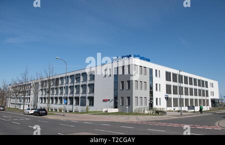 Dresden, Germany. 01st Apr, 2019. The building of the Robotron Museum with the company logo. Founded on 1 April 1969 as VEB Kombinat Robotron, the company celebrated its 50th anniversary on the same day. Credit: Sebastian Kahnert/dpa-Zentralbild/dpa/Alamy Live News Stock Photo