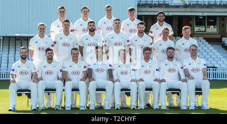 London, UK.1 April, 2019. Squad photograph in County whites. On a sunny day at the Kia Oval, Surrey County Cricket Club held their media day for the 2019 cricket season. David Rowe/ Alamy Live News. Stock Photo