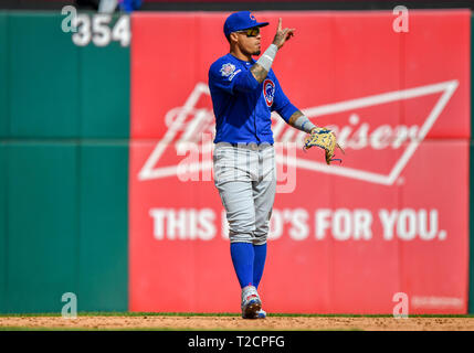 Chicago Cubs' Javier Baez shows off his Major League Baseball