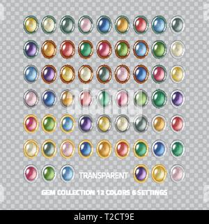 Clear polished gems icons collection - set of 60 transparent gem and glass buttons, different colors and settings collection Stock Vector