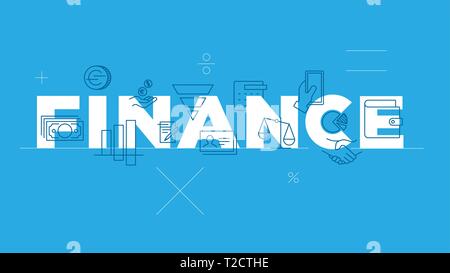 Finance word concept. Thin line icon set flat design banners for website mobile. Modern vector illustration. Blue background Stock Vector