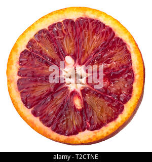 Blood orange (Citrus x sinensis fruits), slice, wheel or ring, top view Stock Photo