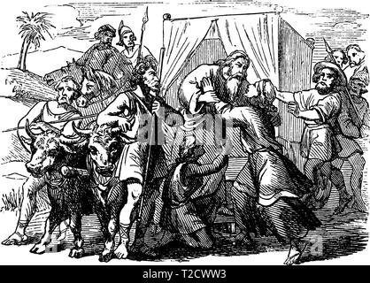 Vintage antique illustration and line drawing or engraving of biblical story about Jacob and Joseph, vizier of Egypt. From Biblische Geschichte des alten und neuen Testaments, Germany 1859. Genesis 47.Old man is leaving or greeting his family. Stock Vector