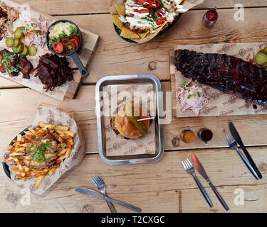 Hero shot of dishes served in a Texas Smokehouse Stock Photo