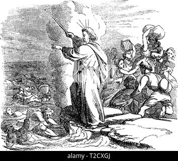 Vintage antique illustration and line drawing or engraving of biblical story of crossing the Red Sea, Moses is leading Israelites through, Egyptian army is drowned.From Biblische Geschichte des alten und neuen Testaments, Germany 1859.Exodus 13. Stock Vector
